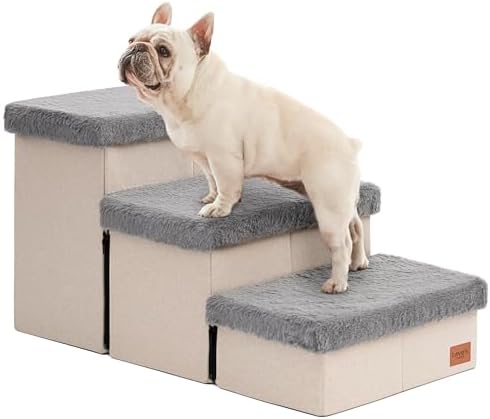 Love's cabin Dog Stairs for High Bed, Foldable Pet Stairs for Small Medium or Large Dogs Puppy with Storage for Bed or Couch, Cat Dog Steps Ramp with Zip up to 200 lbs, Grey, 3 Steps by Lovescabin