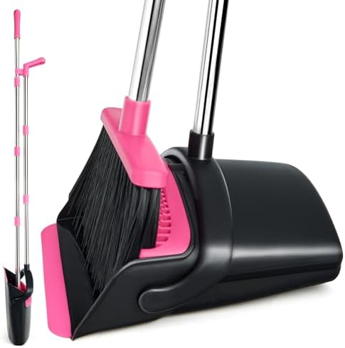 Broom and Dustpan Set,Long Handle Lightweight Dustpans with Broom Combo for Home,Indoor&Outdoor Sweeping for Home Room Kitchen Office Lobby (Black Pink) by XXFLOWER