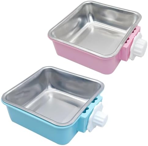 kathson Crate Dog Bowl, Removable Stainless Steel Hanging Pet Kennel Cage Bowl Food & Water Feeder Coop Cup for Puppy, Cat, Rabbit,Guinea Pigs 2pcs Large Square(Blue,Pink) by kathson