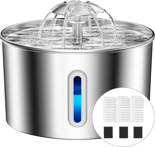 Cat Water Fountain Stainless Steel - 74oz/2.2L Automatic Large Pet Watering Bowl Dispenser for Indoor Dogs - Drinking Fountains with 3 Filter, Gifts for Cats and Kitty - Dog Waterer Bowls No Spill by CatWaterFountain