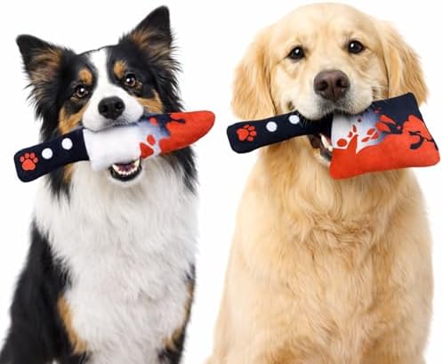 2-Pack Halloween Squeaky Dog Toy Set - Plush Knife and Cleaver Design, Interactive Sound Toys for Dogs, Perfect for Halloween Play and Chewing Fun - Image 2