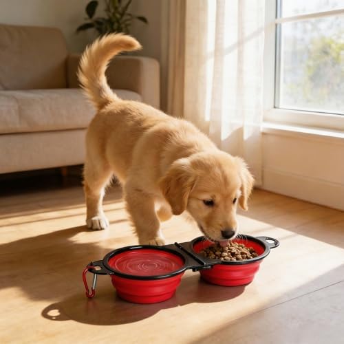 Double Collapsible Dog Bowls for Travel, Food and Water Set with Clip，Red - Image 6