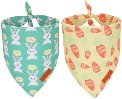 PTDECOR Easter Dog Bandana, Green and Yellow Rabbit Carrot Reversible Holiday Dog Scarf, Multi Size, Triangle Pet Easter Bandanas for Medium Large Dogs Pets (Large) by PTDECOR
