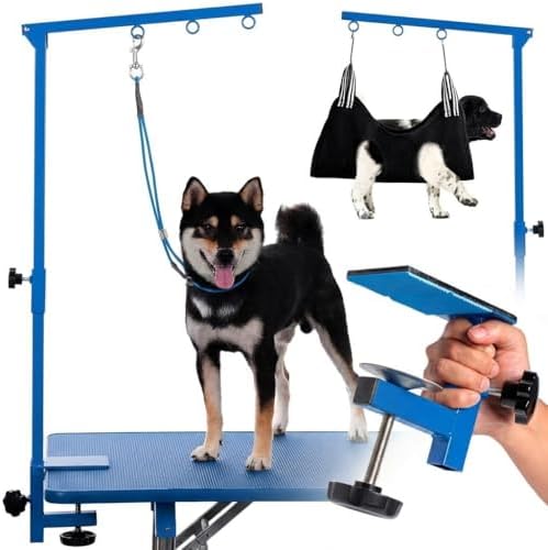 Dog Grooming Table Arm with Hammock - Adjustable Height, Pet Grooming Hammock, No Sit Haunch Holders, Loop Noose Heavy-Duty Clamp (Blue) by Phenfor