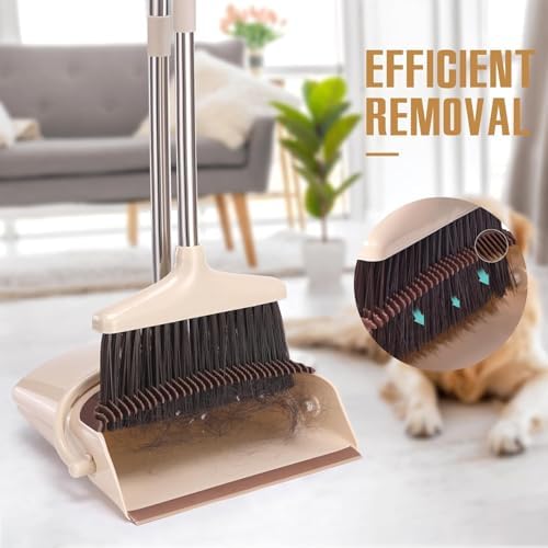 Broom and Dustpan Set with Long Handle, Light Weight Stainless Steel Poles Stand Upright Dustpans with Broom Combo for Home Kitchen Office Pet Dog Hair, Brown & Beige Color, 1-Pack - Image 5