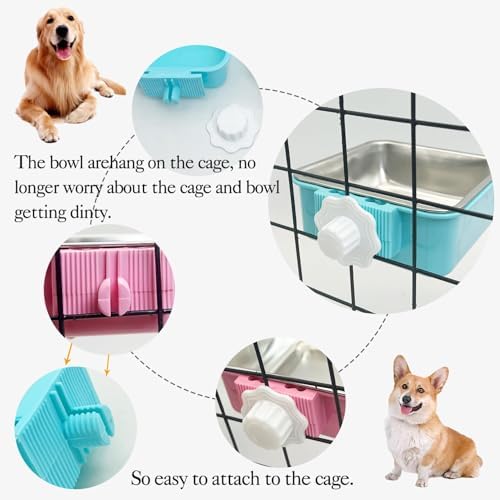 kathson Crate Dog Bowl, Removable Stainless Steel Hanging Pet Kennel Cage Bowl Food & Water Feeder Coop Cup for Puppy, Cat, Rabbit,Guinea Pigs 2pcs Large Square(Blue,Pink) - Image 5