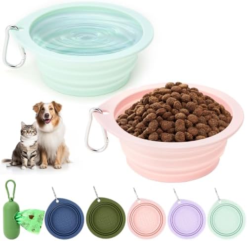 3 Pack Collapsible Dog Bowls,2 Pet Bowls with 1 Pet Poop Bag Dispenser Set,Portable Silicone Travel Dog Bowls for Walking,Hiking,Camping,Outdoor Travel(Pink&Green) by SONLUK