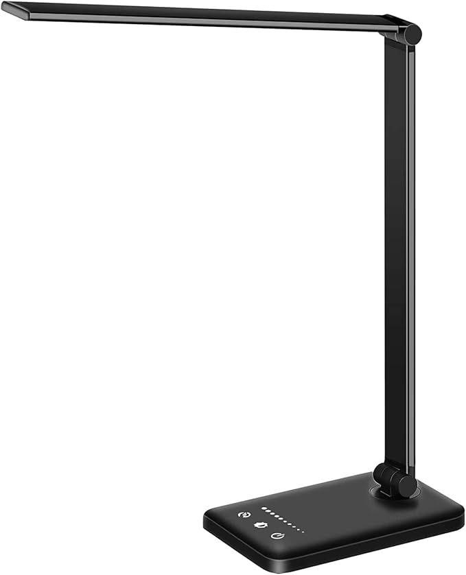 White crown LED Desk Lamp Dimmable Table Lamp Reading Lamp with USB Charging Port, 5 Lighting Modes, Sensitive Control, 30/60 Minutes Timer (Black, First-Generation) by WhiteCrown