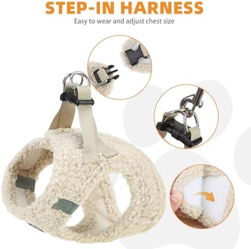 KOOLTAIL Plush Small Dog Harness and Leash Set, Warm Fleece No Pull Puppy Vest for Winter, Lightweight Reflective Step in Pet Harness for Medium Sized Dogs Boy Girl Outdoor Walking Cute Soft, Beige M - Image 3