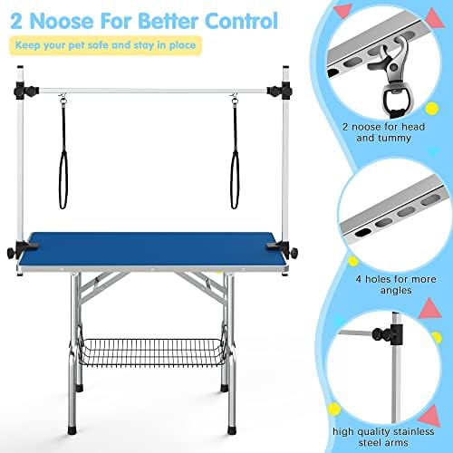 Lyromix 36'' Foldable Dog Grooming Table with Arms/Nooses/Mesh Tray, Blue - Image 2
