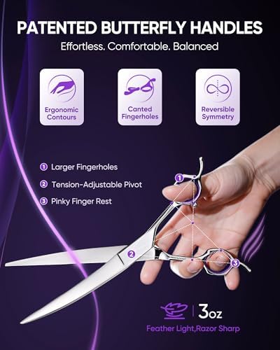 ULG 30° Curved Dog Grooming Scissors 440C Stainless Steel, 7.5" Professional Pet Grooming Shears with Reversible Butterfly Handles, Dog Scissors for Grooming Face, Eyes, Paws & Body - Image 3
