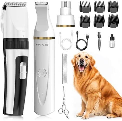HEAPETS Dog Hair Clippers for Grooming Kit and Dog Paw Trimmer Nail Grinder for Grooming, Low Noise Rechargeable Cordless, Shaver Grooming Supplies for Pet Cats Dogs, White by Heapets