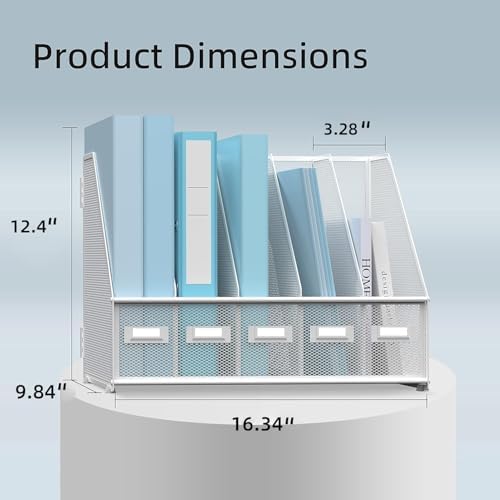 SUPEASY Desk Organizers Metal Desk Magazine File Holder with 5 Vertical Compartments Rack File Organizer for Office Desktop, Home Workspace, White (Pack of 2) - Image 3