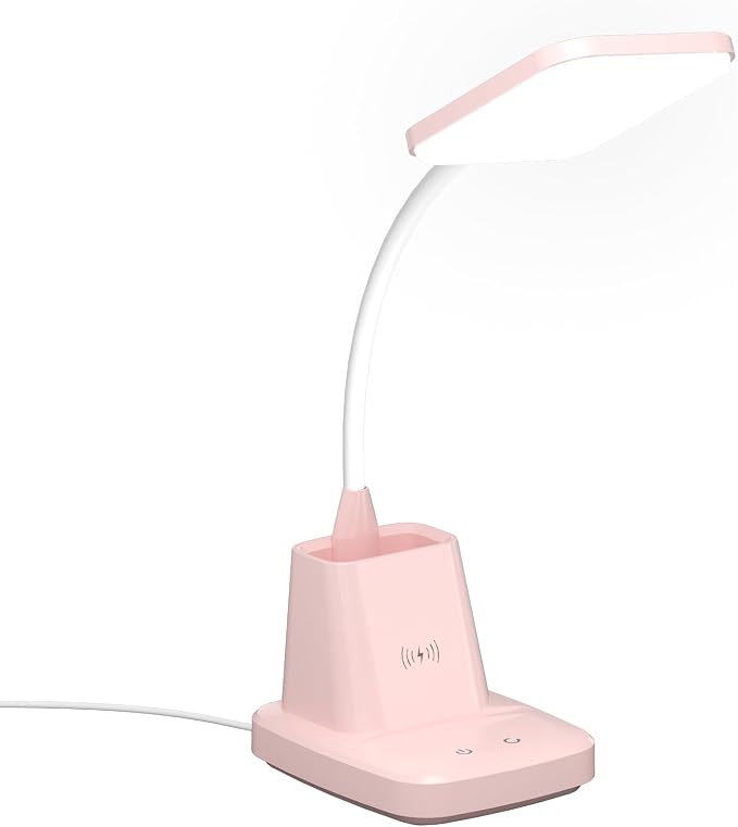 LED Desk Lamp with 10W Wireless Charging & Pen Holder, Pink | CRI 95, 800LM, Stepless Dimming, 3 Modes, 360°Flexible Arm, Touch, Study Table Lamp for Home Office, Dorm Room, with Adapter - Image 8