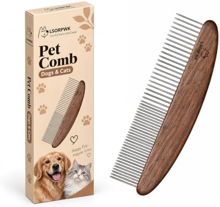 Dog & Cat Grooming Comb, Walnut Wood Handle for Matted Hair & Tangles by LSORPWK