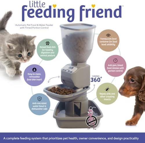 Feeding Friend® Automatic Dog & Cat Food Feeder with Water Dispenser, Portion Control, OLED Display, Anti-Jam Design, Battery Operated, for Pets 4–15 lb, Taupe - Image 2