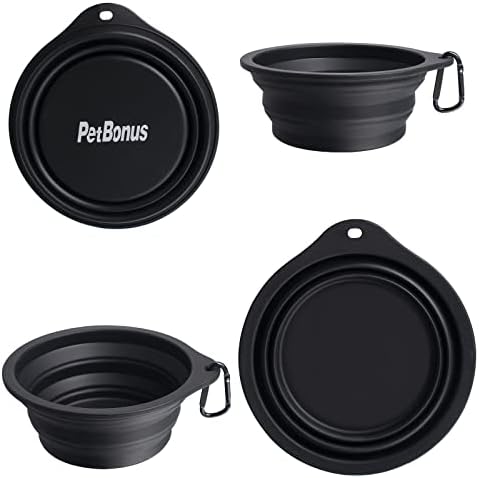 PetBonus 2-Pack Silicone Collapsible Dog Bowls, BPA Free Dishwasher Safe, Portable Foldable Expandable Travel Bowl, Food Water Feeding Cup Dish for Dogs Cats with 2 Carabiners (Black, Black) - Image 2