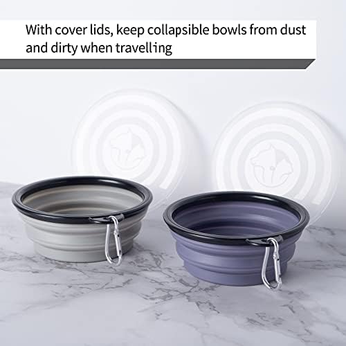 SLSON Dog Bowls Pet Collapsible Bowl with Cover Lids,2 Pack Dog Travel Bowls Portable Foldable Cat Water Dish Bowl for Pets Walking Parking Camping (Taro Purple and Concrete Gray, Small) - Image 2