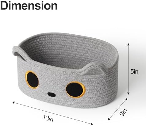 Gray Cat Toy Basket, Small Woven Cat Toy Storage Box with Cute Ears Handle Indoor, Cotton Rope Storage Bin with Embroidered Face for Home Decor, Pet Bed, Nursery Kids Room Organization - Image 2