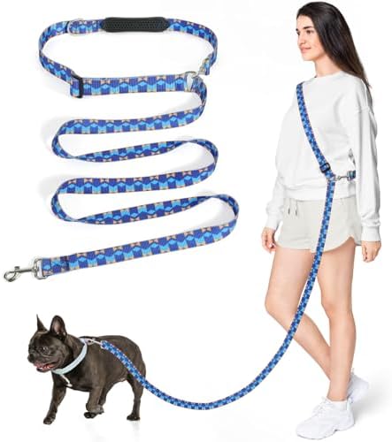 Hands Free Dog Leash, 9ft Versatile Crossbody Waist Leash with Explosion-Proof Handle for Puppy, Small & Medium Dogs, Easy Adjust Hands Free for Running Jogging Walking, Geometric Blue by Tivray