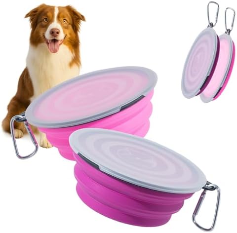 SLSON Dog Bowls Pet Collapsible Bowl with Cover Lids,2 Pack Dog Travel Bowls Portable Foldable Cat Water Dish Bowl for Pets Walking Parking Camping (Pink and Purple, Medium) - Image 6