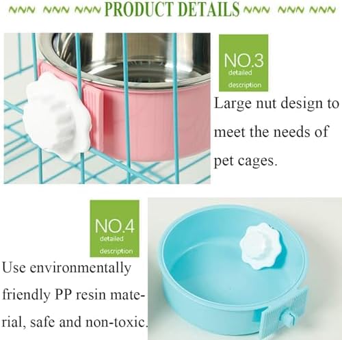 kathson Crate Dog Bowl, Removable Stainless Steel Hanging Pet Cage Bowl Food & Water Feeder Coop Cup for Cat, Puppy, Birds, Rats, Guinea Pigs (6 PCS, Size: M, 2×Blue,2×Green,2×Pink) (Pack of 2) - Image 4