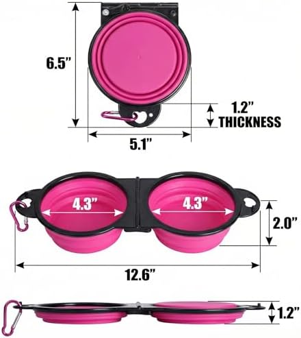 Double Collapsible Dog Bowls for Travel, Food and Water Set with Clip, Pink - Image 3