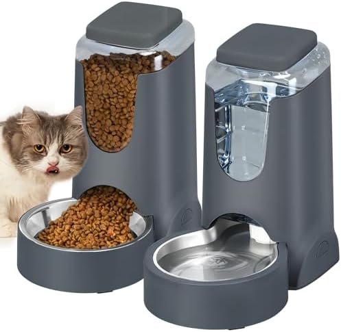 Automatic Cat Feeder and Water Dispenser with Stainless Steel Bowl Dog Gravity Food Feeder and Waterer for Small Medium Pets Puppy Kitten 1 Gallon x 2 by HWONMTEPETFEEDER