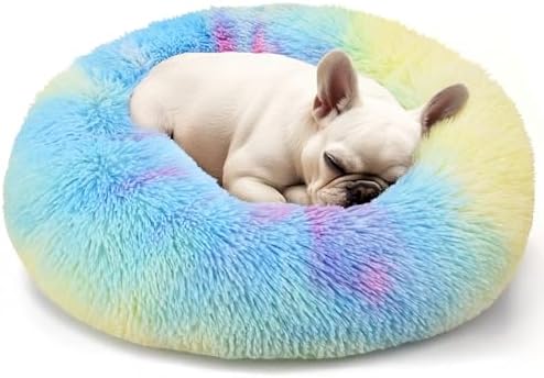 Dogs Bed for Small Dogs, Anti-Anxiety Washable Round Bed (24in Rainbow) by Hoewina