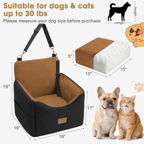 JOEJOY Dog Car Seats for Small Medium Dogs Under 35lbs, Dog Booster Seat with Detachable Washable Cover and Cushion, Memory Foam Pet Car Seat with Safety Belt and Storage Pockets (Brown) - Image 5