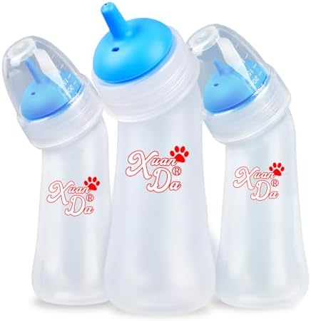 Pet Feeding Bottle,3 Pack Wide Mouth Angled Nursing Bottle, 3 Sizes Nipples with Ventilation Valve Resistant Tearing Perfect for Puppies, Kittens, Small Wildlife（Blue） by XuanDa