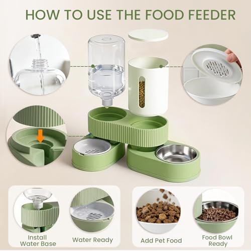 Gravity Cat Feeder 2 Pack Automatic Food Feeder Stainless Steel Water Dispenser Set 360° Rotatable Pet Bowls with Silicone Mat and Brush for Cats Small Medium Dogs, Large Capacity(Green) - Image 3