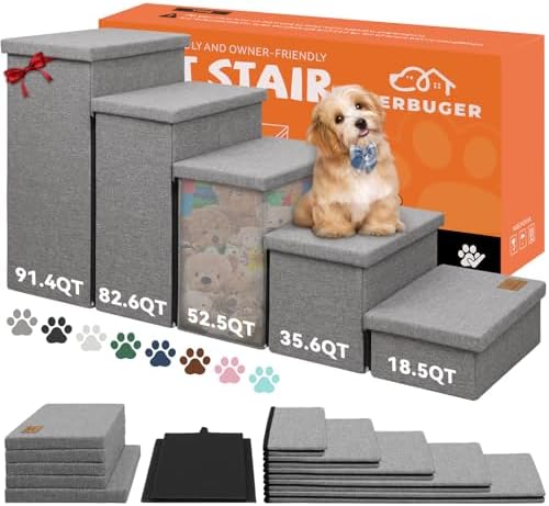 Zerbuger Dog Stairs with Storage, Grey 5 Steps Dog Ramp no Condo for Bed by Zerbuger