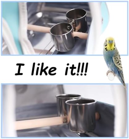 Bird Carrier, Portable Small Bird Parrot Parakeet Carrier with Standing Perch and Stainless Steel Tray, Side Access Window Collapsible (Silver, Clamp Cups) - Image 5