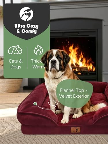 Spotted Play Orthopedic Dog Bed with Sides - Sofa Beds for Extra Large Dogs, Supportive Foam Pet Couch Bed with Washable Removable Cover, Waterproof Lining and Non-Slip Bottom, Burgundy - XXL - Image 2