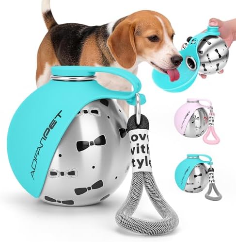 Portable Dog Water Bottle 10oz Stainless Steel Travel Dog Water Dispenser with Bowl No-Spill Puppy Water Bottle for Walking Hiking Small Dog Water Bottle by AOFANPET