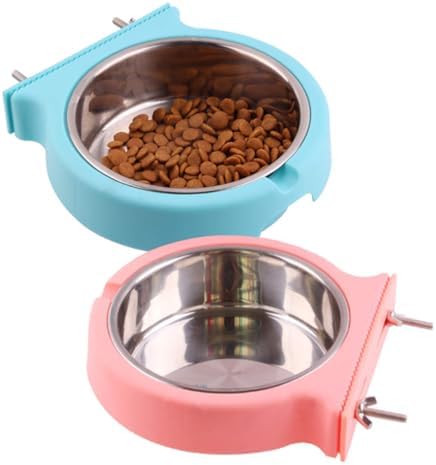 kathson Crate Dog Bowl, Removable Stainless Steel Hanging Pet Cage Bowl Food & Water Feeder Coop Cup for Cat, Puppy, Birds, Rats, Guinea Pigs (2pcs, Pink and Blue) by kathson