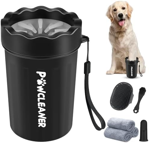 Professional 7 in 1 Dog Paw Cleaner for Dogs & Cats - Includes 1 Portable Paw Washer, 1 Bath Brush, 2 Dog Toothbrushes and 3 Absorbent Towels Note: Fits Paws 1.5 to 2.5 Inches Wide (Medium, Black) by Comotech