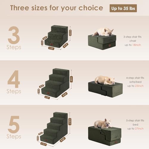 EHEYCIGA Dog Stairs for Small Dogs 13.5" H, 3-Step Dog Steps for Cats, Military Green - Image 2