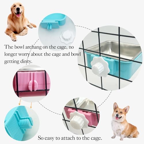 kathson Crate Dog Bowl, Removable Stainless Steel Hanging Pet Kennel Cage Bowl Food & Water Feeder Coop Cup for Puppy, Cat, Rabbit, Guinea Pigs 3pcs Small Square(Blue, Green, and Pink) (Pack of 2) - Image 5
