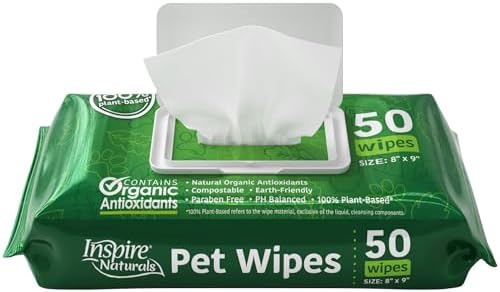 Inspire Naturals Pet Wipes for Dogs and Cats 100% Natural Plant Based with Organic Antioxidants, Dog Wipe Cleaning Deodorizing | Washcloths for Cats | Puppy Wipe for Paws and Butt (50ct - 1 Pack) by Inspire