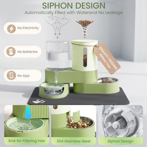Gravity Cat Feeder 2 Pack Automatic Food Feeder Stainless Steel Water Dispenser Set 360° Rotatable Pet Bowls with Silicone Mat and Brush for Cats Small Medium Dogs, Large Capacity(Green) - Image 2