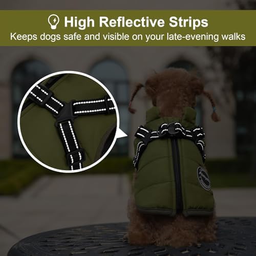 Warm Dog Winter Coat, Cold Weather Jacket with Built-in Harness, Reflective & Adjustable Comfortable Pet Vest, Windproof Apparel for Small Medium Large Dogs (Green) - Image 5