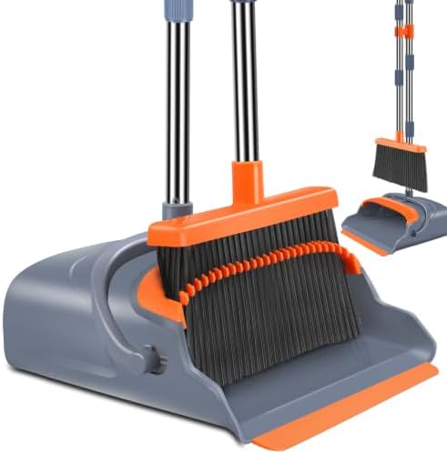 Upgrade Broom and Dustpan Set, Self-Cleaning with Dustpan Teeth, Indoor&Outdoor Sweeping, Ideal for Dog Cat Pets Home Use, Stand Up Broom and Dustpan (Gray&Orange) by Kelamayi