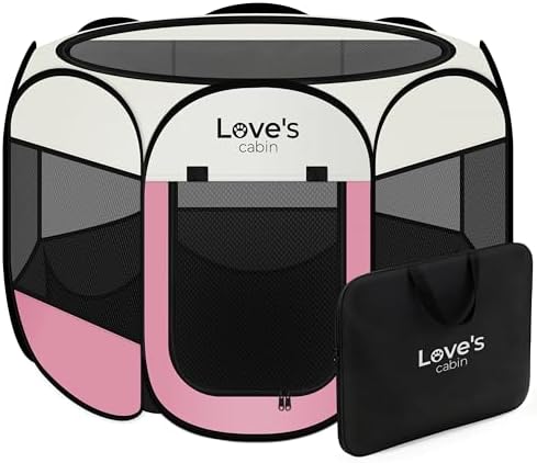Love's cabin Pet Puppy Dog Playpen, Medium Dog Tent Crates Cage Indoor/Outdoor, Portable Playpen for Cat, Foldable Pop Up Dog Kennel Playpen with Carring Case, Removable Zipper Top, Light Pink by Lovescabin