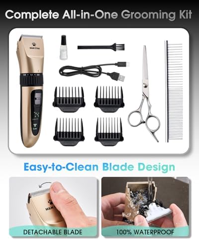 M&M STAR Dog Grooming Kit, Low Noise Dog Clippers, 2-Speed IPX7 Waterproof, Rechargeable Cordless Pet Hair Clippers Trimmer Shaver with LED Display for Dogs and Cats, Gold - Image 7