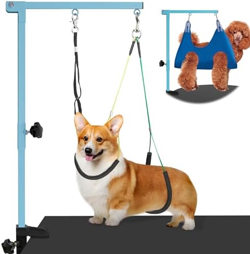 getlstub Dog Grooming Arm with Pet Grooming Hammock, 35" Pet Grooming Table Arm with Adjustable No Sit Haunch Holders, Dog Grooming Stand with Loop Noose for Small and Medium Pets, Blue by SimpleSolutionsforCozyHome