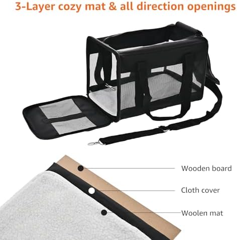 Amazon Basics Airline Approved Soft-Sided Mesh Pet Travel Carrier with Shoulder Strap, Portable, Washable Removable Fleece Pad for Dog, Cat, up to 16 pounds, 16.5" L x 10.6" W x 11" H, Black - Image 3