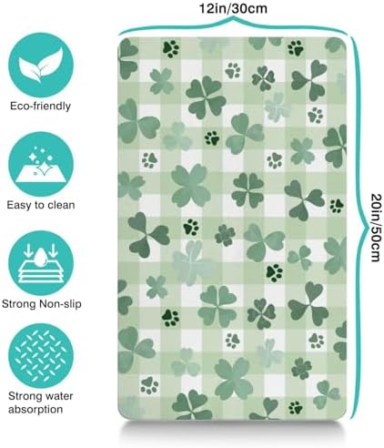 St Patricks Day Dog Food & Water Mat, Green Shamrocks Paw Prints Clover Pet Feeding Mat for Floor Non-Slip Waterproof, Super Absorbent Cat Bowl Mat, Easy to Clean Pet Placemat,12" × 20" - Image 6