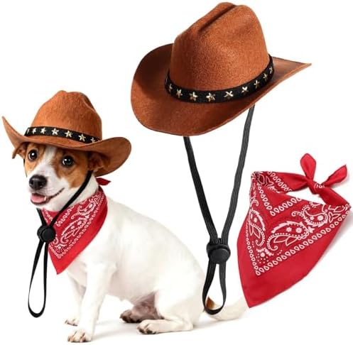 Pet Cowboy Costume, Dog Cowboy Hat with Bandana Scarf, Adjustable Cat Cowboy Hat for Party Cosplay Christmas, Halloween Cowboy Costumes for Small Pet Dogs Cats (Brown, Medium) by Unknown